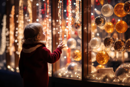 Little boy admires Christmas decorations in store window on winter eveningの素材