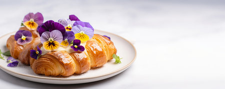Fresh croissants decorated with edible pansy flowers, banner formatの素材