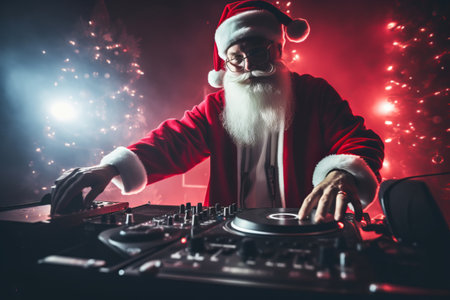 Santa Claus DJ working spinning turntable records at Christmas partyの素材
