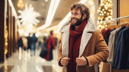 Happy brutal man in glowing shopping center. Buying Christmas gifts, sale, black Fridayの素材