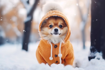 Cute pet little dog in warm clothes walks in winter city parkの素材