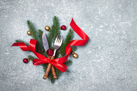 Christmas table setting with christmas decorationsの写真素材
