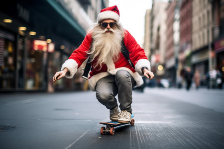Modern Santa Claus races on a skateboard to celebrate Christmasの素材