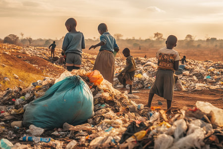 Group of homeless African children back view collecting garbage in landfillの素材
