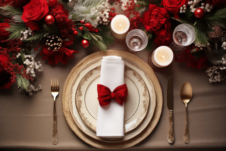Christmas table setting with candles and white festive tableware and red decor for Christmas celebrationの素材