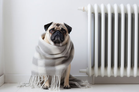 Cute pug dog is freezing in living room and warming himself under blanket near radiatorの素材