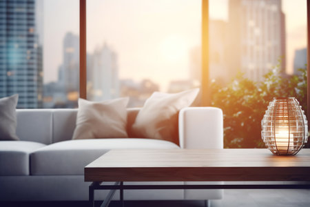 Cozy table lamp on table against background of modern blurred room with sofa and large windowの素材