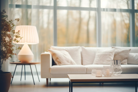 Glass vase on table against background of modern blurred room with sofa and large windowの素材