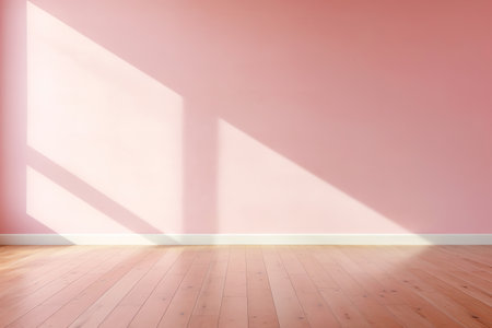 Modern pink Interior with geometrical sunlight and shadows. Empty wall mockupの素材