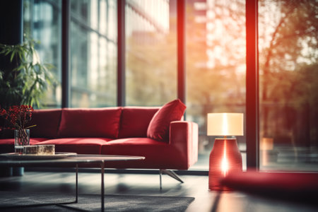 Stylish blurred minimal interior with red sofa and Motion Blur Light Effectの素材