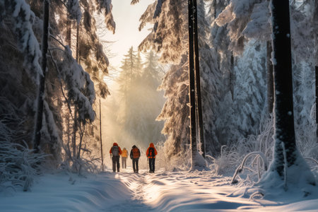 Faceless group of friends walking hike through snowy winter forest. Rear view of tourists walking on trailの素材