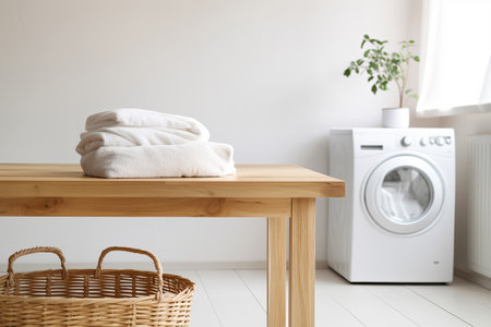 Empty wooden countertop in home laundry room on blurred washing machine backgroundの素材