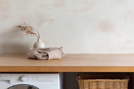 Empty wooden countertop above washing machine in home laundry roomの素材