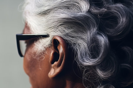 Rear view of an attractive sensual mature african american woman close-up, focus on gray hairの素材