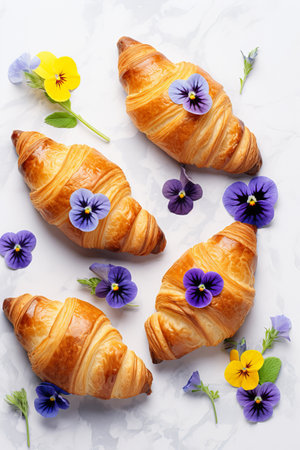 Fresh croissants pattern decorated with edible pansy flowers, vertical formatの素材