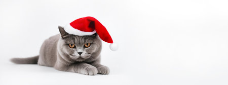Cute Gray cat in santa hat on white banner. Merry Christmas conceptの素材