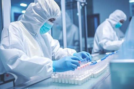 Female scientists in protective clothing work with bio and chemical samples in test tubes in a modern laboratoryの素材