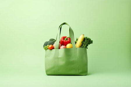 Green bag with vegetables and fruits on green background. World vegan day or veganuary conceptの素材