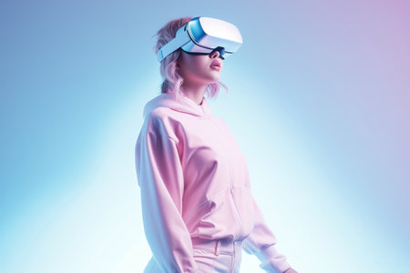 Young woman wearing virtual reality glasses on futuristic minimal neon background. Augmented realityの素材
