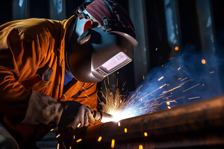 Faceless welder works at an industrial facility close-upの素材