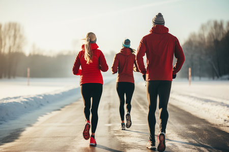 A group of young athletic people back view are running running on a winter roadの素材