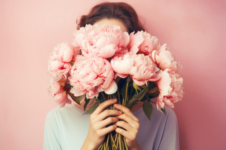 Faceless woman holds peonies flowers. Mental health, womens day or mothers dayの素材