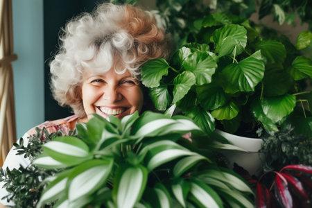 Mature woman taking care about houseplant and holding pot of houseplant. Home gardening, Plant careの素材