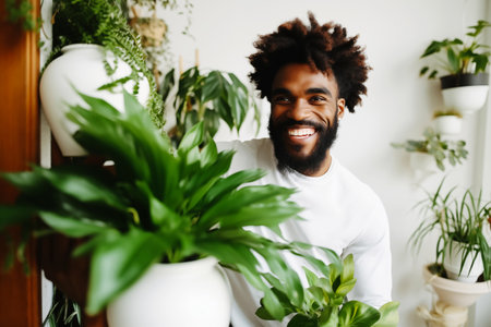 African American man taking care about houseplant and holding pot of houseplant. Home gardening, Plant careの素材