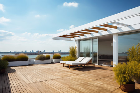 Cozy outdoor roof terrace with pergola and potted plants in minimal styleの素材