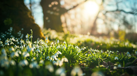 Natural spring background with delicate snowdrop flowers on sunny forest gladeの素材