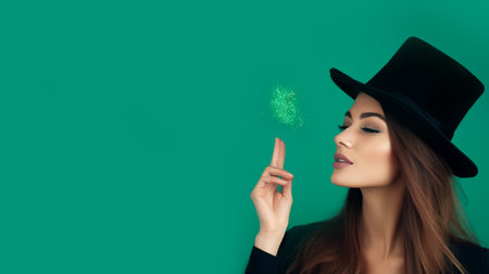 Attractive female model in hat on green background for St. Patricks Day celebrationの素材