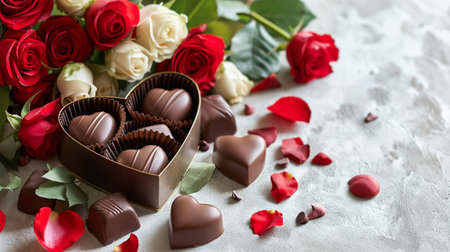 Luxury valentine chocolates in heart shaped gift box and red roses, copy spaceの素材