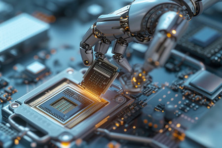 Advanced robotic arm engaged in precision assembly of electronics on a circuit board. Automation in Microchip Manufacturingの素材
