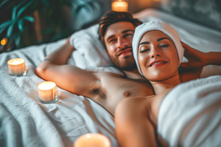 Foto de Relaxed couple with spa headbands enjoying a serene moment among candles - Imagen libre de derechos