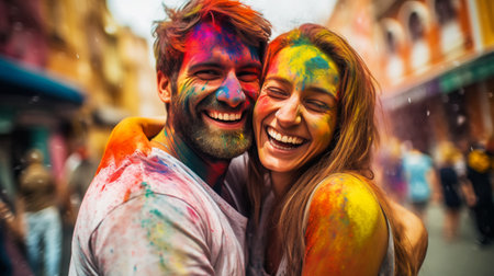 Couple covered with colorful Holi powder hugging joyfully at Holi festivalの素材
