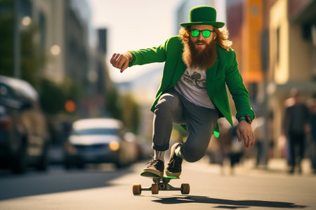 Bearded man in a green St. Patricks Day outfit skateboarding down a city streetの素材