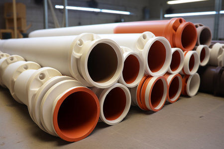 Stack of white and orange PVC pipes prepared for use in construction and plumbingの素材