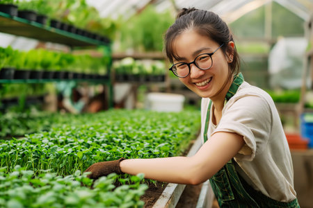 Smiling Asian woman gardening in a lush greenhouseの素材
