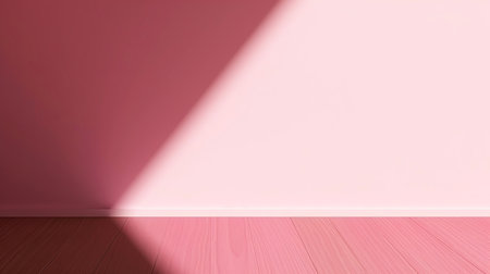 Empty Modern Interior mockup. Sunlight creates geometric shadow game pattern on pink wall with wooden floorの素材