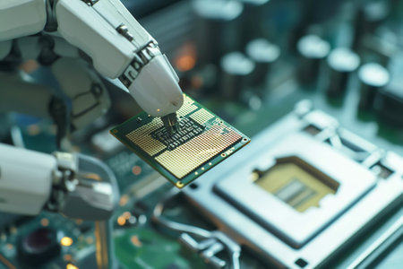 Robotic technology in use during the placement of a microchip on a motherboard. Automation in Microchip Manufacturingの素材