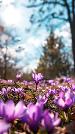 Natural spring or autumn vertical background with delicate lilac crocus flowers on blue skyの素材