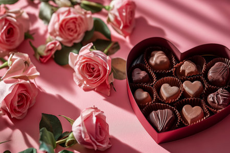 Luxury valentine chocolates in heart shaped gift box and tender rosesの素材