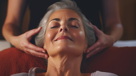 Senior woman enjoys relaxing head massage at spa with closed eyes and happy expressionの素材