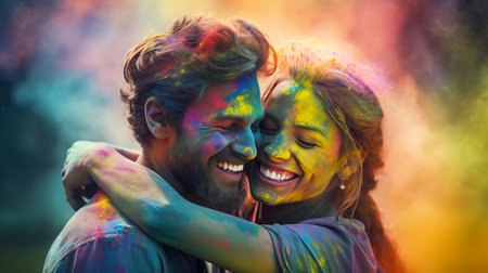 Couple covered with colorful Holi powder hugging joyfully at Holi festivalの素材