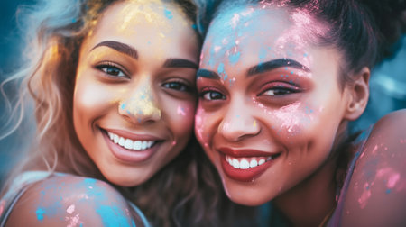 Joyful girlfriends with colorful faces celebrating Holi festival of colorsの素材