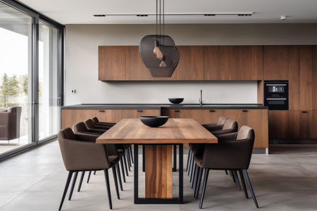 Modern kitchen featuring wooden table and stylish glass pendant lights, modern designの素材