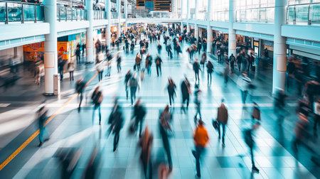 Busy Airport Terminal with Blurred Motion. Abstract colorful light trails emphasizing movementの素材