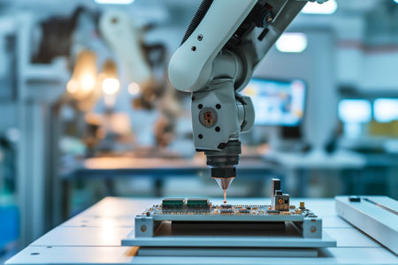 Robotic technology in use during the placement of a microchip on a motherboard. Automation in Microchip Manufacturingの素材