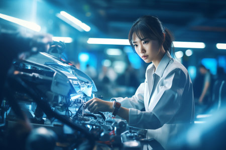 Focused automotive Asian female engineer calibrating machinery inside a vehicle at a manufacturing plantの素材
