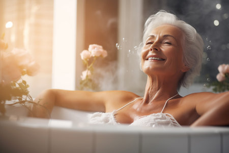 Relaxed Senior Woman in Steamy Bathtubの素材